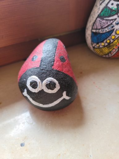 Schwarzer und roter Kieselstein mit lächelndem Marienkäfer-Gesicht.