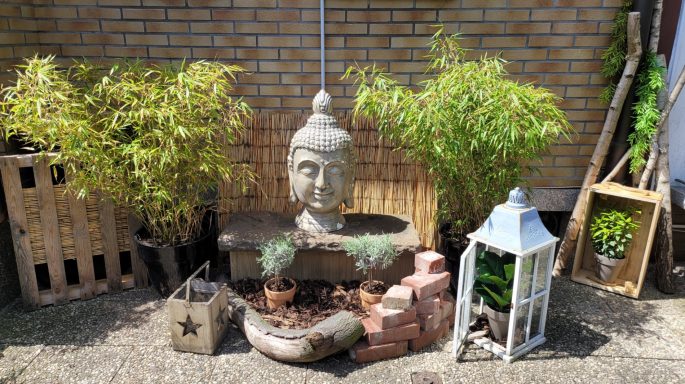 Statuette eines Buddha-Kopfs in einer Gartenanlage mit Pflanzen und Dekorationen.